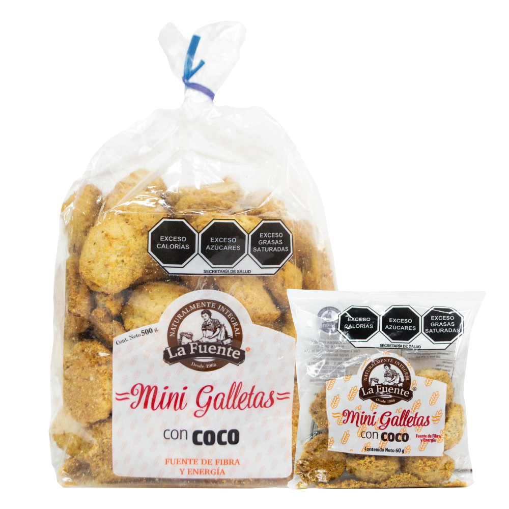 Paquete familiar e individual de mini galletas de avena con coco son ideales para un snack practico