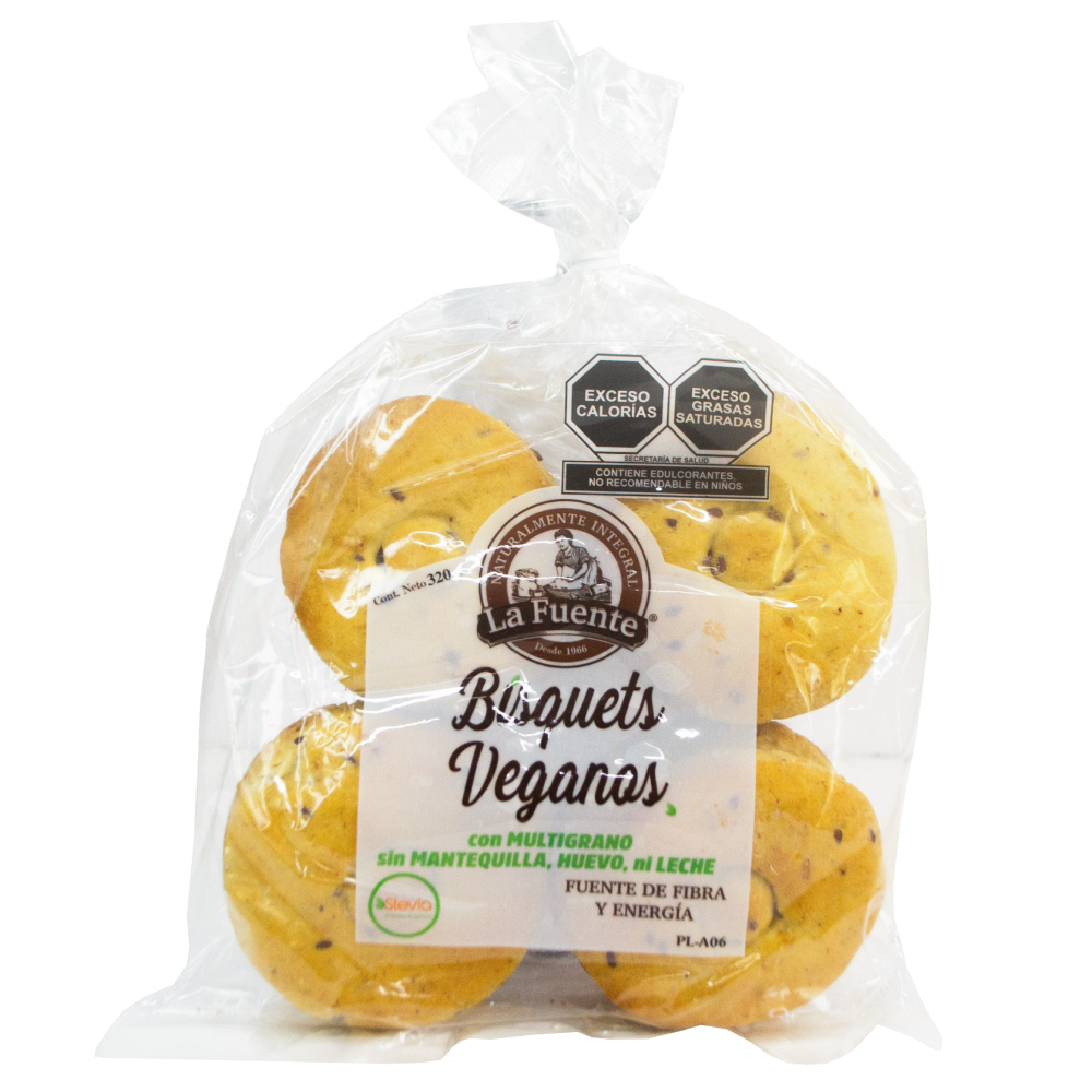 Empaque del bisquet vegano en su presentación familiar de 320 gramos