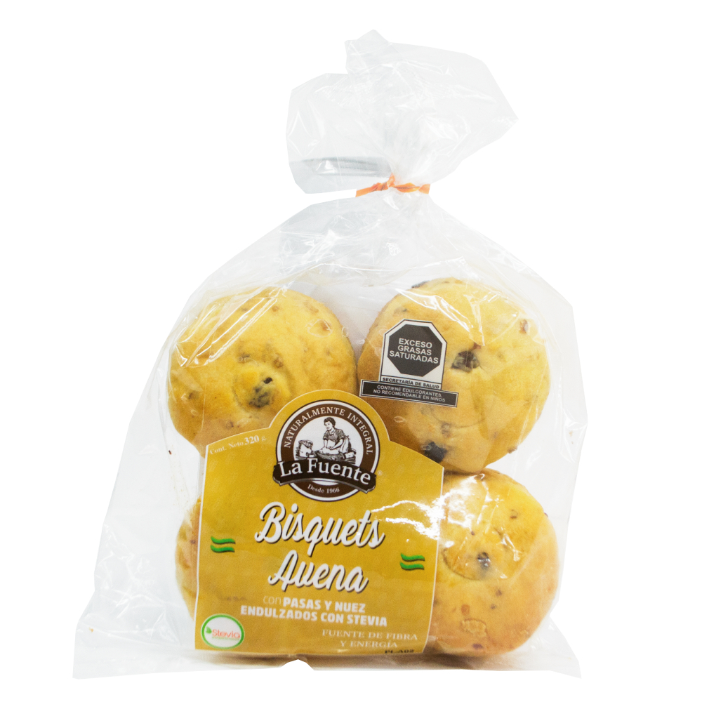 Empaque de 4 bisquets de avena con pasas,  nuez y stevia, un snack saludable de pan la fuente