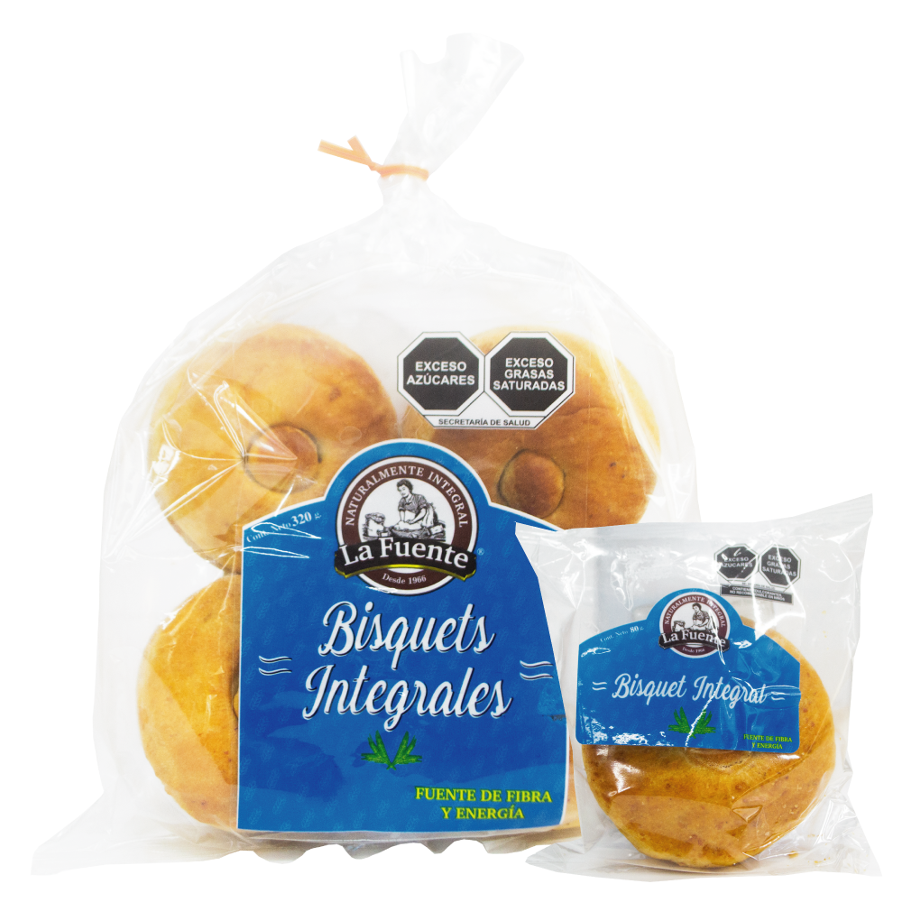 Empaque de 4 bisquets integrales, un snack saludable de pan la fuente