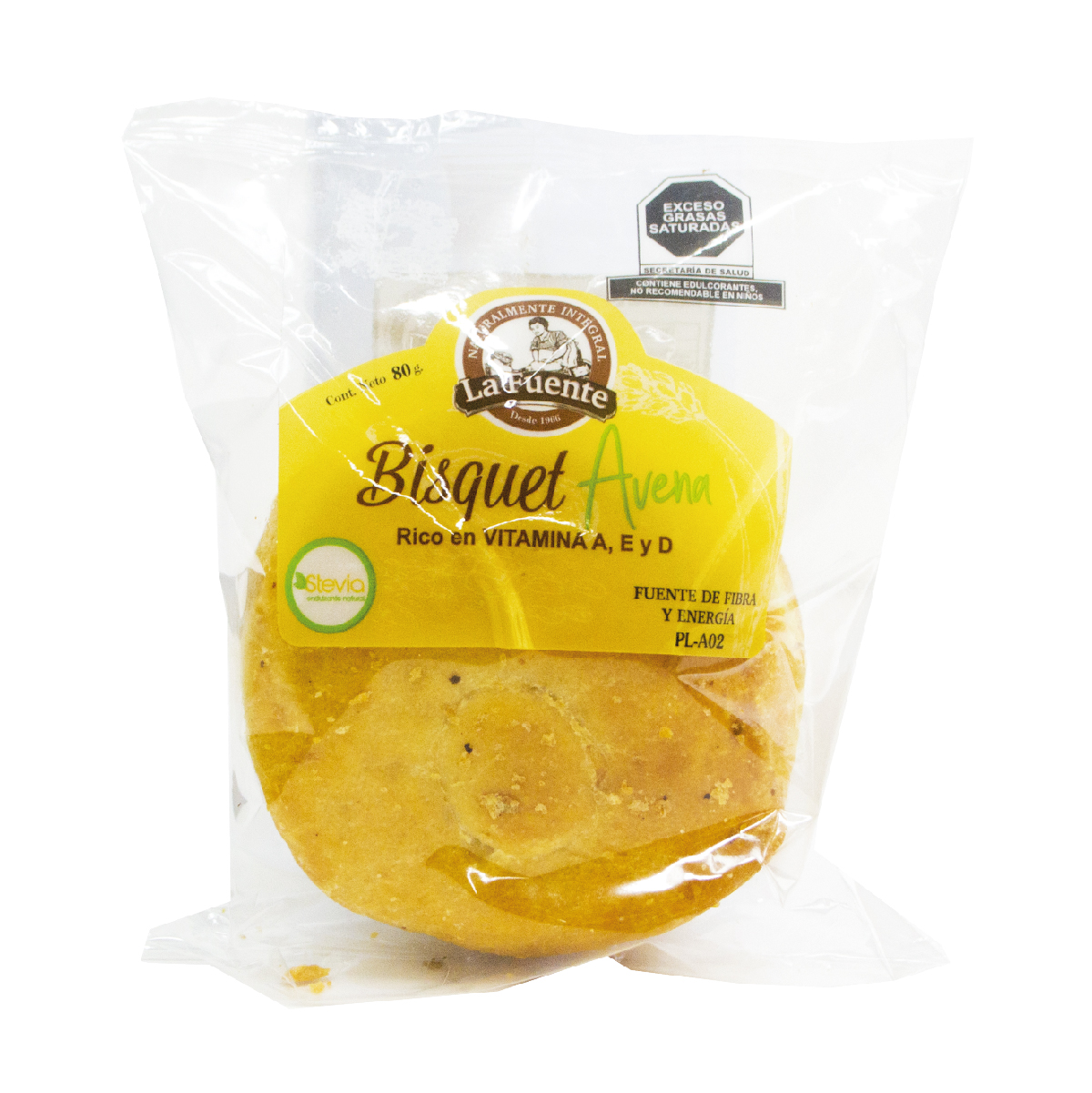 bisquet individual de avena de 80 gramos endulzado con stevia de la marca pan la fuente